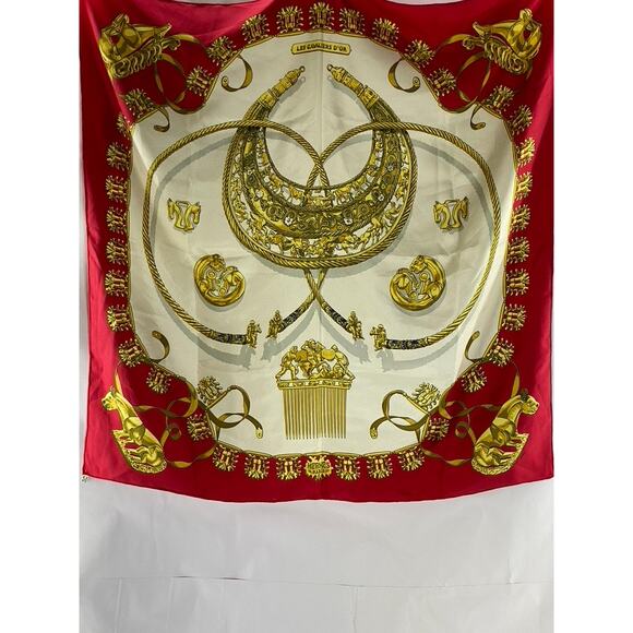 HERMES Vintage "Les Cavaliers D'OR" Red Silk Gold Equestrian Motif Scarf - Picture 1 of 15
